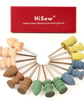 Leather Edge Burnishing Bits Set, 15 Piece Pro Grade Complete Bundle with sanding bits and burnishers displayed in front of box.