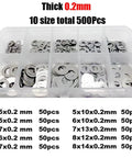 Ultra Thin Stainless Steel Flat Washer And Shim Set M2 Through M8 Gasket Assortment Kit 500 750 1200 Pcs 304 316 Stainless With Smooth Edges For Tight Fit And Compact Assemblies Pro Grade Space Saving, 0.2mm thick 10-size 500-piece organizer