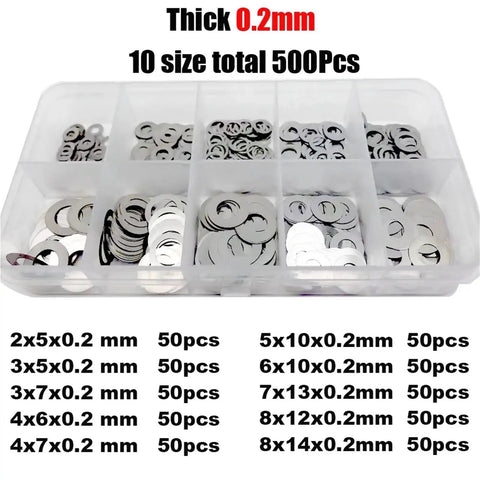Ultra Thin Stainless Steel Flat Washer And Shim Set M2 Through M8 Gasket Assortment Kit 500 750 1200 Pcs 304 316 Stainless With Smooth Edges For Tight Fit And Compact Assemblies Pro Grade Space Saving, 0.2mm thick 10-size 500-piece organizer