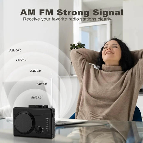 Portable Cassette Player And Tape Recorder With Cassette To MP3 Converter, AM FM Radio next to a relaxed woman at home.