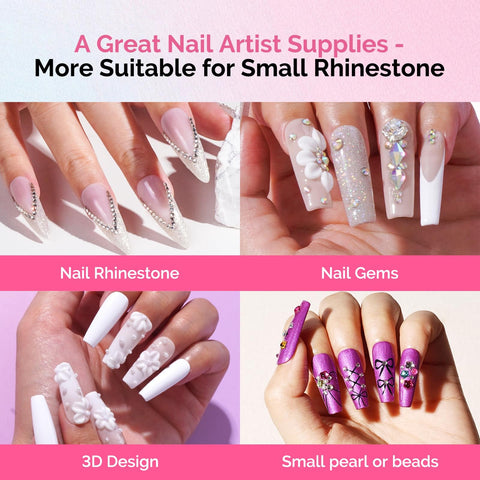 Hands with nail art using Two Pack Rhinestone Glue For Nails Ultra Strong 3D Gel Nail Art Adhesive For Nail Charms Gems Jewelry Decoration Do It Yourself Manicure At Home Cure Under LED UV Light Perfect Gift For Women.