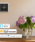 T5 WiFi Smart Thermostat With 7 Day Programmable Touchscreen Alexa Ready Geofencing Technology on wall above flowers
