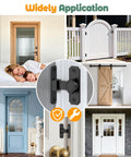 90 Degree Barn Door Lock With Flip Latch shown in various applications on doors and gates, black aluminum alloy, rust resistant