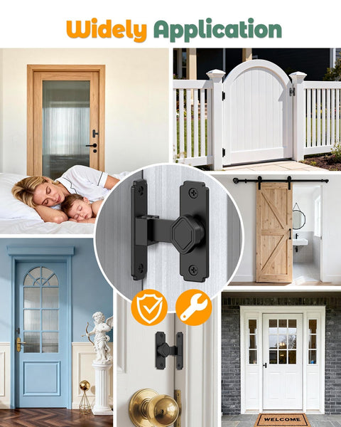 90 Degree Barn Door Lock With Flip Latch shown in various applications on doors and gates, black aluminum alloy, rust resistant