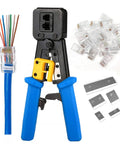 RJ45 Crimping Tool Ethernet Crimper for Cat6 Cat6a Cat5e Cat5 and RJ12 Ends Pass Through Connectors Compatible Includes 20 RJ45 Cat6 Connectors and Replacement Blades Pro Grade All In One Cable Termination Kit showing crimping tool, connectors, and blades