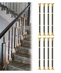 Solid Heavy Duty Adjustable Black Square Aluminum Deck Balusters And Stair Railing Spindles, 8 Pack mounted on indoor stairs.