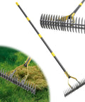 55 Inch Dual Head Thatching Rake For Lawn Care, Heavy Duty 19 Teeth Steel Garden Rake with yellow accents on a grassy field