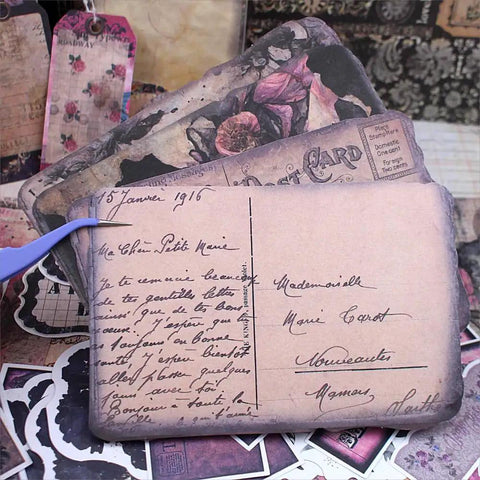 All In One Vintage Junk Journal Kit With 185 Pieces Scrapbook Paper Pack A6 showing postcards and paper ephemera.