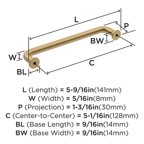 Diagram of Champagne Bronze Cabinet Pull Five And Nine Sixteenth Inch Overall Length And Five And One Sixteenth Inch Center To Center Mounting
