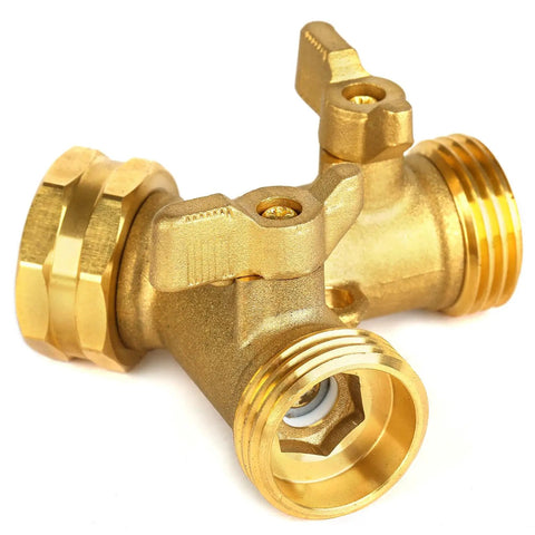 Heavy Duty Brass Garden Hose Splitter 2 Way Faucet Adapter For Outdoor Use With Easy On Off Handles Rust Proof And High Pressure Compatible Durable Outdoor Water Splitter, brass two-way splitter