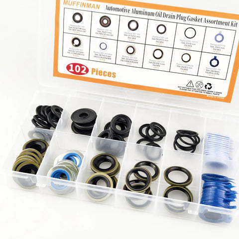 Oil Drain Plug Gasket Kit 102 Pieces 12 Types Rubber Gaskets For M12 And M14 Drain Plugs in clear compartment case