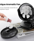 Clip On 5 Inch Fan With Aroma Function, AA Battery Operated Or USB Powered, shown with aroma compartment open