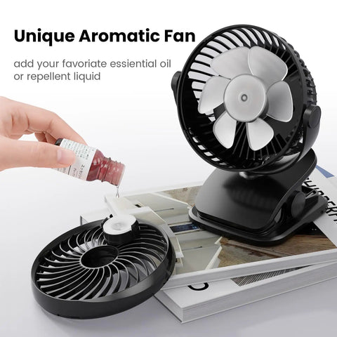 Clip On 5 Inch Fan With Aroma Function, AA Battery Operated Or USB Powered, shown with aroma compartment open