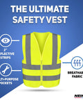 Neon Yellow High Visibility Safety Vest ANSI Class 2 With Two Utility Pockets Lightweight Polyester, front view showing reflective strips.