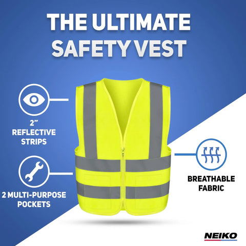 Neon Yellow High Visibility Safety Vest ANSI Class 2 With Two Utility Pockets Lightweight Polyester, front view showing reflective strips.