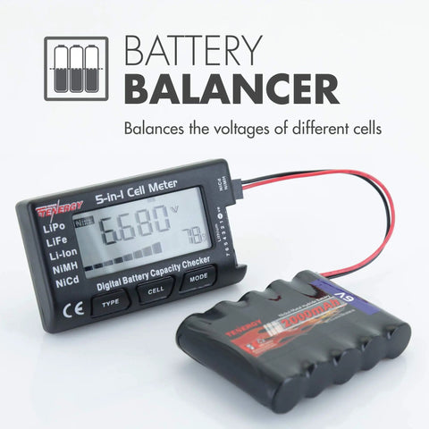 5 In 1 Battery Meter And Cell Checker For LiPo LiFePO4 Li-ion NiCd NiMH Packs, Digital Balancer And Voltage Monitor on display