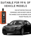 Universal TPMS Relearn Tool for Most Vehicles displayed with car, tire pressure sensor reset, activation device, broad sensor coverage.