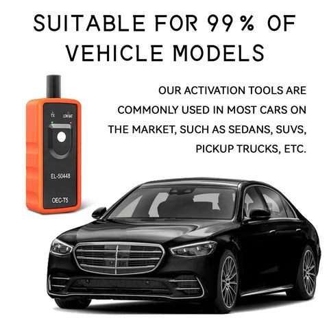 Universal TPMS Relearn Tool for Most Vehicles displayed with car, tire pressure sensor reset, activation device, broad sensor coverage.