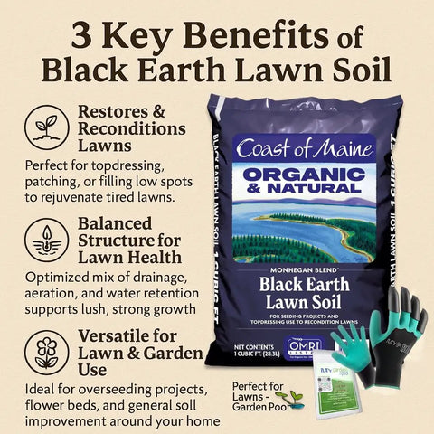Bag of Monhegan Black Earth Lawn Soil That Thickens Patchy Lawns With Compost For Stronger Greener Turf And Water Retention Plus Richer Soil Fertility Includes 7 In 1 Soil Test Strips and gardening gloves on display