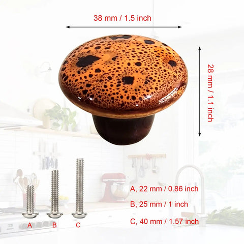 Top Notch Handpainted Ceramic Mushroom Knobs For Dresser Drawers And Kitchen Cabinets 15 Pack displayed with screw sizes.