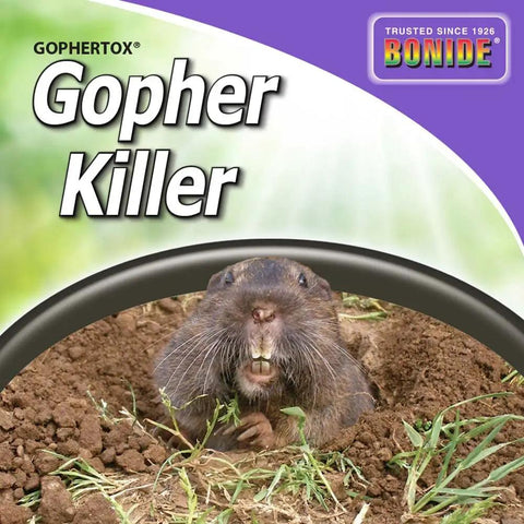 Image of Gophertox Gopher Killer Poison Bait Granules package with gopher illustration.