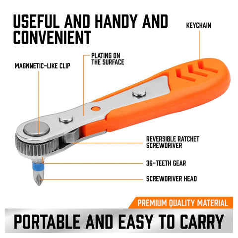 Ultra Low Profile 23 Piece Mini Ratchet Screwdriver Set with 1 Quarter Inch Shank 90 Degree Offset Reversible Drive in orange handle