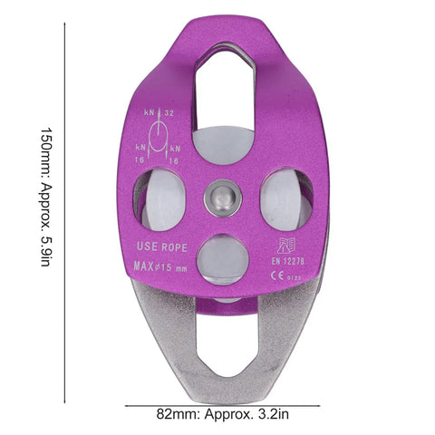 Beefy Outdoor Climbing Rescue Pulley With Swing Plate, 32KN Capacity, shown in aluminum magnesium alloy with rope size markings.