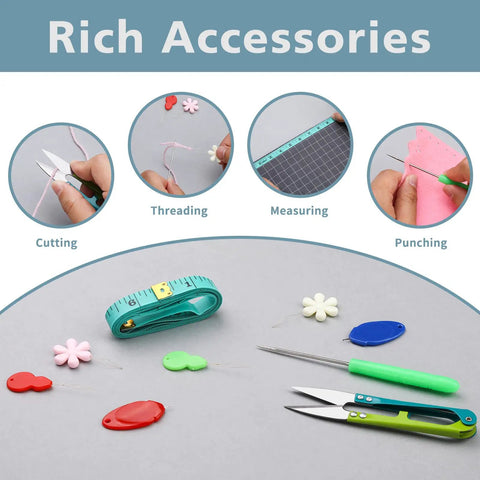Ultimate All In One Seam Ripper Kit For Sewing And Crafting Enthusiasts with measuring tape, scissors, threaders, and awl.