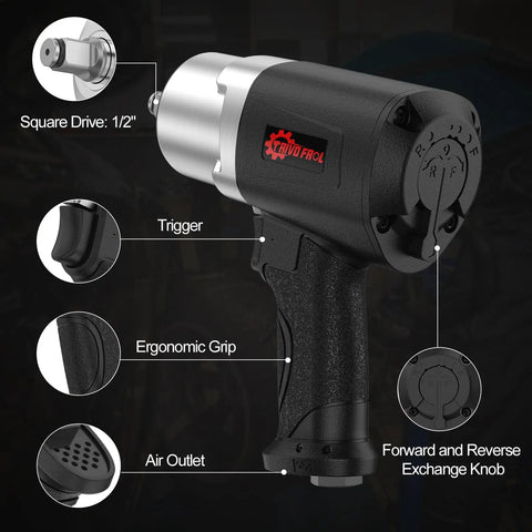 Heavy Duty 1/2 Inch Air Impact Wrench With 1500 Ft-Lbs Torque, 8000 RPM, 4.74 Lb Weight, 1/2 Drive, Twin Hammer Design Features
