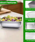 Five Piece Stainless Steel Storage Containers Set With Clear Lids on table with salad, focus on durable design