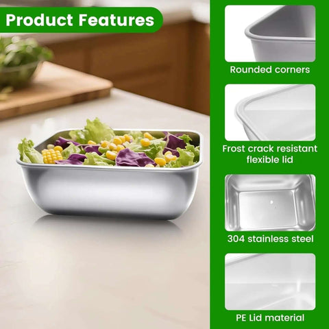 Five Piece Stainless Steel Storage Containers Set With Clear Lids on table with salad, focus on durable design