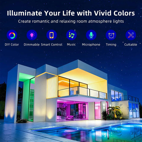 Modern house illuminated with colorful 100ft Outdoor LED Strip Lights Waterproof IP67 RGB Color Changing With Smart Phone Control