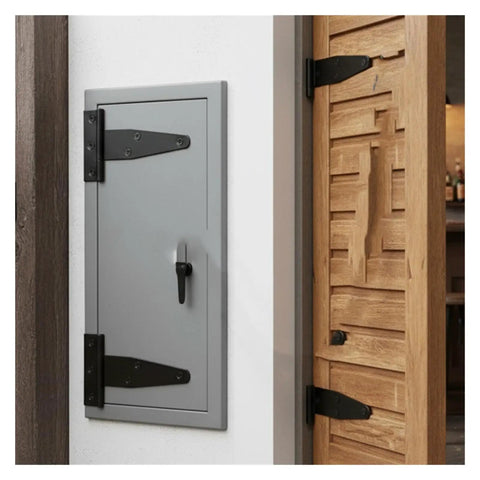 Rock Solid Heavy Duty Black T Shape Iron Hinges Built Like A Tank For Sliding Barn Doors And Fences With Silent Glide Galvanized Coating Quick Snap Install Two Pack Measures Approx 95 By 64 Mm Each on a wood and gray door.