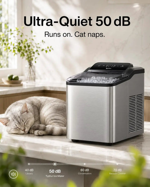 Top Rated Countertop Nugget Ice Maker With One Touch Deep Cleaning And Sleek Arctic Silver Trim, quiet operation near a sleeping cat.