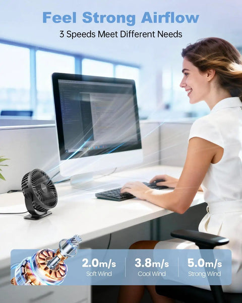 Tiny But Mighty USB Desk Fan With Three Speeds, 360 Degree Rotation providing cooling on office desk