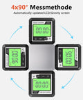 Knockout Performance Digital Angle Finder With Heavy Duty Magnetic Base displaying 4x90° levels on backlit LCD screens.
