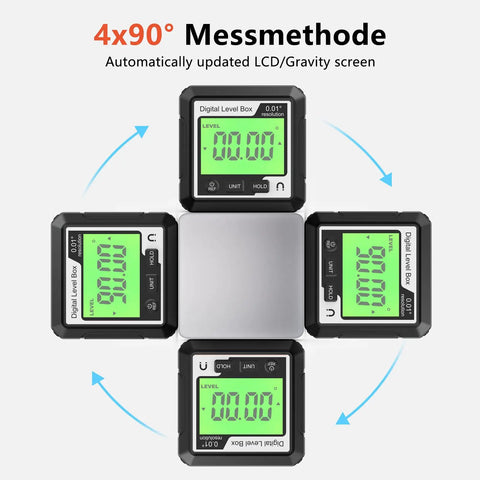 Knockout Performance Digital Angle Finder With Heavy Duty Magnetic Base displaying 4x90° levels on backlit LCD screens.