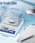 Milligram Scale 0.001g Accuracy, 500g Digital Analytical Balance With Windshield, LCD Display, shown with dimensions and pen.