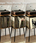 Rustic Record Player Stand Holding 100 Vinyl Records, Industrial Turntable Console With Deep Storage Shelving showing a turntable and vinyl storage.