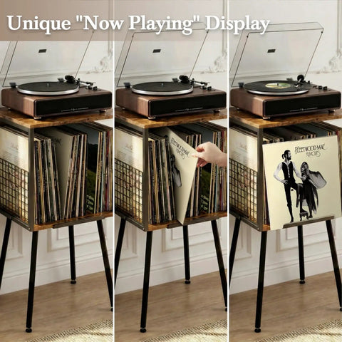 Rustic Record Player Stand Holding 100 Vinyl Records, Industrial Turntable Console With Deep Storage Shelving showing a turntable and vinyl storage.