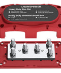 Badass Heavy Duty 450 Amp 12-48 Volt Busbar Box with red casing, six M8 studs, nickel plated copper for RV and solar projects.