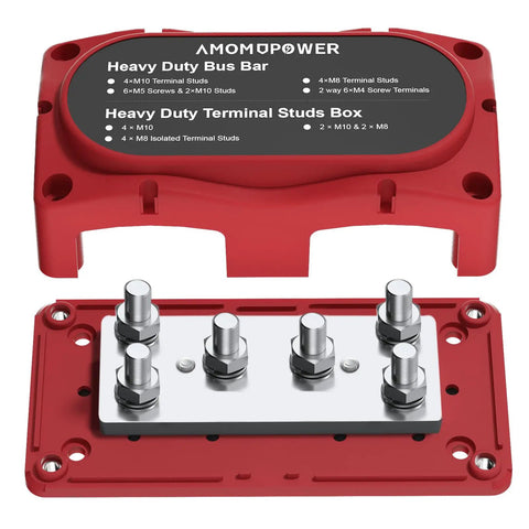 Badass Heavy Duty 450 Amp 12-48 Volt Busbar Box with red casing, six M8 studs, nickel plated copper for RV and solar projects.