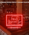 Personalized LED Neon Bar Sign For Home Pub And Man Cave Dimmable Light Up Whiskey Bar Sign Custom Wall Decor For Tavern And Bistro Business Gift Great Dad Fathers Day on bar counter with bottles in background.