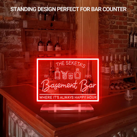 Personalized LED Neon Bar Sign For Home Pub And Man Cave Dimmable Light Up Whiskey Bar Sign Custom Wall Decor For Tavern And Bistro Business Gift Great Dad Fathers Day on bar counter with bottles in background.
