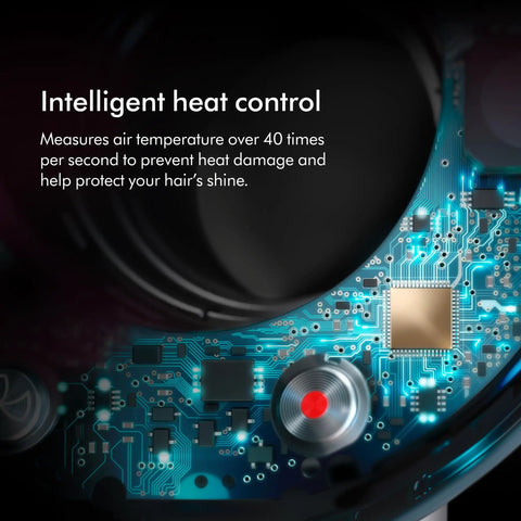 Close-up of supersonic hair dryer circuit board displaying intelligent heat control technology.