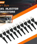 Knockout 10 Piece EV1 Fuel Injector Connectors For Every Ride Solid Gold Plated Pins With Slick Fit Rubber Boots, shown in black.