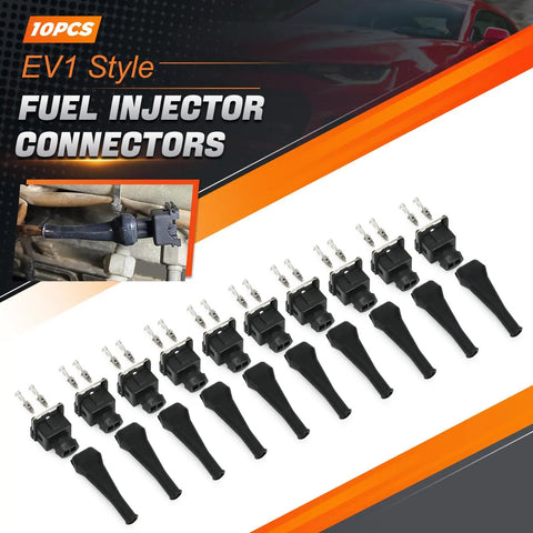Knockout 10 Piece EV1 Fuel Injector Connectors For Every Ride Solid Gold Plated Pins With Slick Fit Rubber Boots, shown in black.
