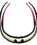 Lightweight Small Safety Glasses With Clear Anti Fog Lenses And Black Frame Pink Tips, back view showing flexible rubberized design.