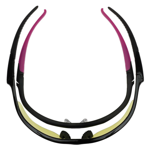 Lightweight Small Safety Glasses With Clear Anti Fog Lenses And Black Frame Pink Tips, back view showing flexible rubberized design.