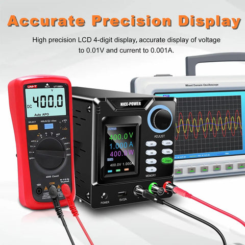 Dope High Voltage DC Power Supply 0 To 400 Volts And 0 To 1 Amp Bench Lab Regulated Power Source with color display and oscilloscope.